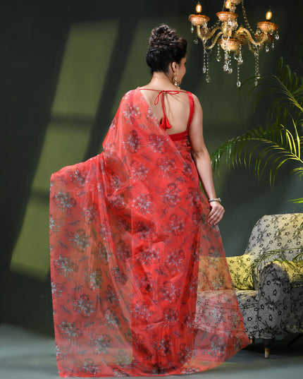 Women`s Printed Organza Saree Semi-Transparent Party, Wear weddings latest, Trending stylized Lotus Design sarees Fancy banarasi organza silk saree for Farewell Pink Sarees for Women