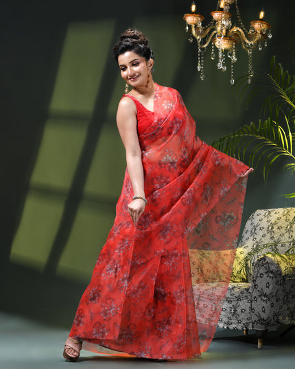 Women`s Printed Organza Saree Semi-Transparent Party, Wear weddings latest, Trending stylized Lotus Design sarees Fancy banarasi organza silk saree for Farewell Pink Sarees for Women