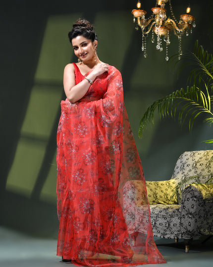 Women`s Printed Organza Saree Semi-Transparent Party, Wear weddings latest, Trending stylized Lotus Design sarees Fancy banarasi organza silk saree for Farewell Pink Sarees for Women