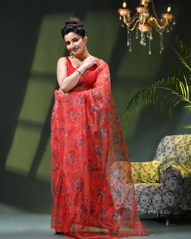 Women`s Printed Organza Saree Semi-Transparent Party, Wear weddings latest, Trending stylized Lotus Design sarees Fancy banarasi organza silk saree for Farewell Pink Sarees for Women