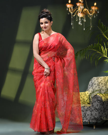Women`s Printed Organza Saree Semi-Transparent Party, Wear weddings latest, Trending Rose Leaf Design sarees Fancy banarasi organza silk saree for Farewell Red Sarees for Women