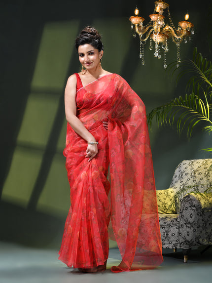 Women`s Printed Organza Saree Semi-Transparent Party, Wear weddings latest, Trending Rose Leaf Design sarees Fancy banarasi organza silk saree for Farewell Red Sarees for Women