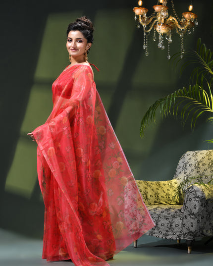 Women`s Printed Organza Saree Semi-Transparent Party, Wear weddings latest, Trending Rose Leaf Design sarees Fancy banarasi organza silk saree for Farewell Red Sarees for Women