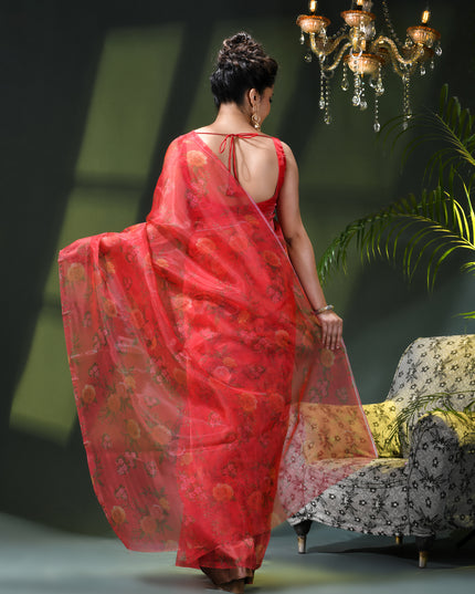 Women`s Printed Organza Saree Semi-Transparent Party, Wear weddings latest, Trending Rose Leaf Design sarees Fancy banarasi organza silk saree for Farewell Red Sarees for Women