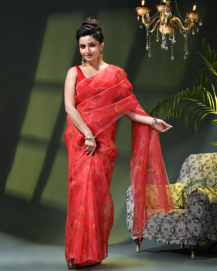 Women`s Printed Organza Saree Semi-Transparent Party, Wear weddings latest, Trending Rose Leaf Design sarees Fancy banarasi organza silk saree for Farewell Red Sarees for Women