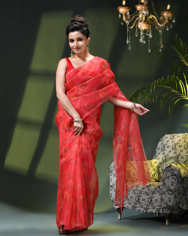 Women`s Printed Organza Saree Semi-Transparent Party, Wear weddings latest, Trending Rose Leaf Design sarees Fancy banarasi organza silk saree for Farewell Red Sarees for Women