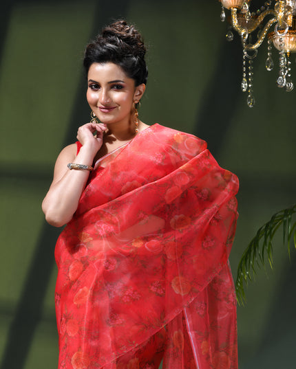 Women`s Printed Organza Saree Semi-Transparent Party, Wear weddings latest, Trending Rose Leaf Design sarees Fancy banarasi organza silk saree for Farewell Red Sarees for Women