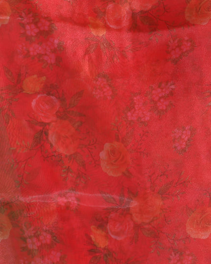 Women`s Printed Organza Saree Semi-Transparent Party, Wear weddings latest, Trending Rose Leaf Design sarees Fancy banarasi organza silk saree for Farewell Red Sarees for Women