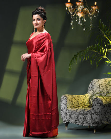 Women`s Soft Satin Silk Plain Saree for wedding, party, wear saree for women latest, design saree Satin Pure silk Crepe farewell party, wear dress Collection Plain sarees (Maroon Red)