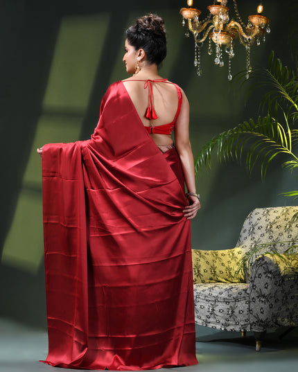 Women`s Soft Satin Silk Plain Saree for wedding, party, wear saree for women latest, design saree Satin Pure silk Crepe farewell party, wear dress Collection Plain sarees (Maroon Red)