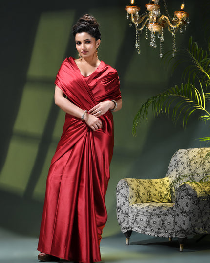Women`s Soft Satin Silk Plain Saree for wedding, party, wear saree for women latest, design saree Satin Pure silk Crepe farewell party, wear dress Collection Plain sarees (Maroon Red)