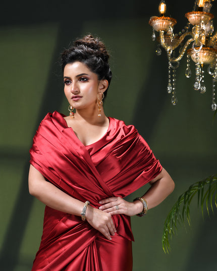 Women`s Soft Satin Silk Plain Saree for wedding, party, wear saree for women latest, design saree Satin Pure silk Crepe farewell party, wear dress Collection Plain sarees (Maroon Red)
