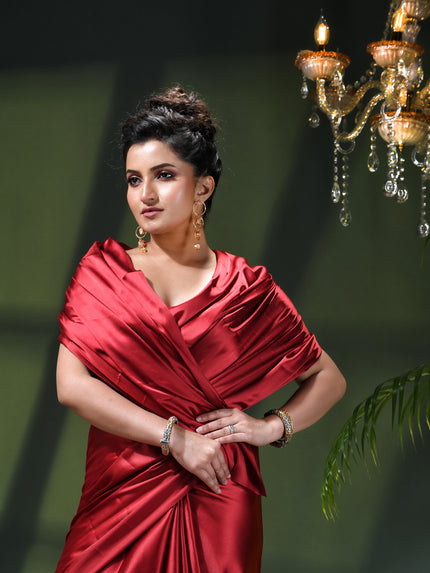 Women`s Soft Satin Silk Plain Saree for wedding, party, wear saree for women latest, design saree Satin Pure silk Crepe farewell party, wear dress Collection Plain sarees (Maroon Red)