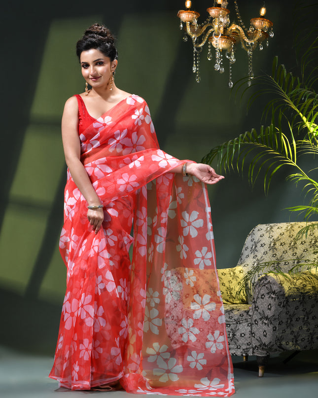 Women`s Printed Organza Saree Semi-Transparent Party, Wear weddings latest, Trending Floral Design sarees Fancy banarasi organza silk saree for Farewell Light Pink Sarees for Women