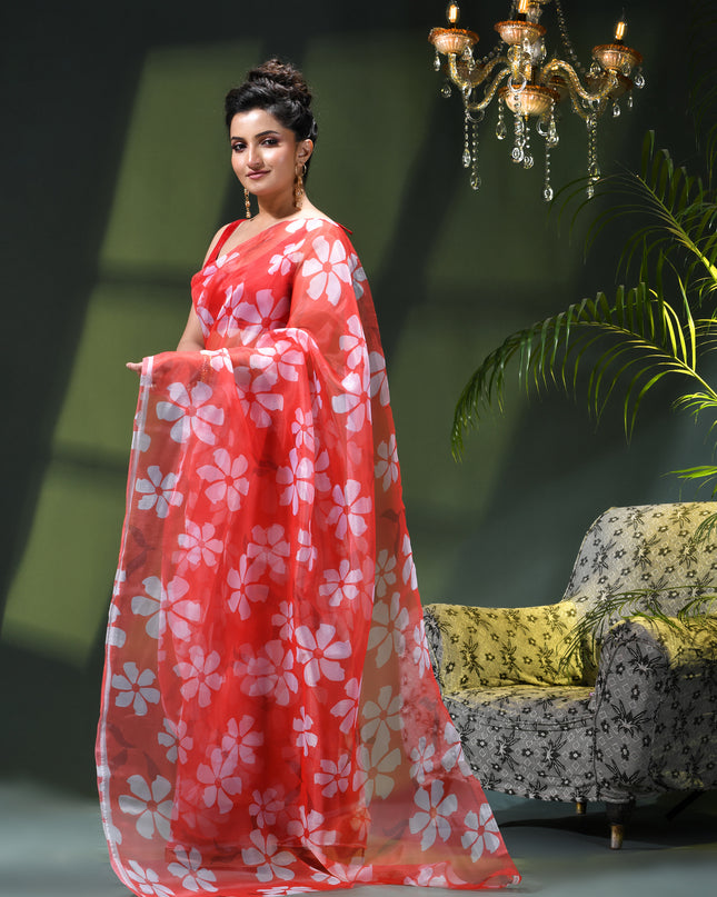 Women`s Printed Organza Saree Semi-Transparent Party, Wear weddings latest, Trending Floral Design sarees Fancy banarasi organza silk saree for Farewell Light Pink Sarees for Women
