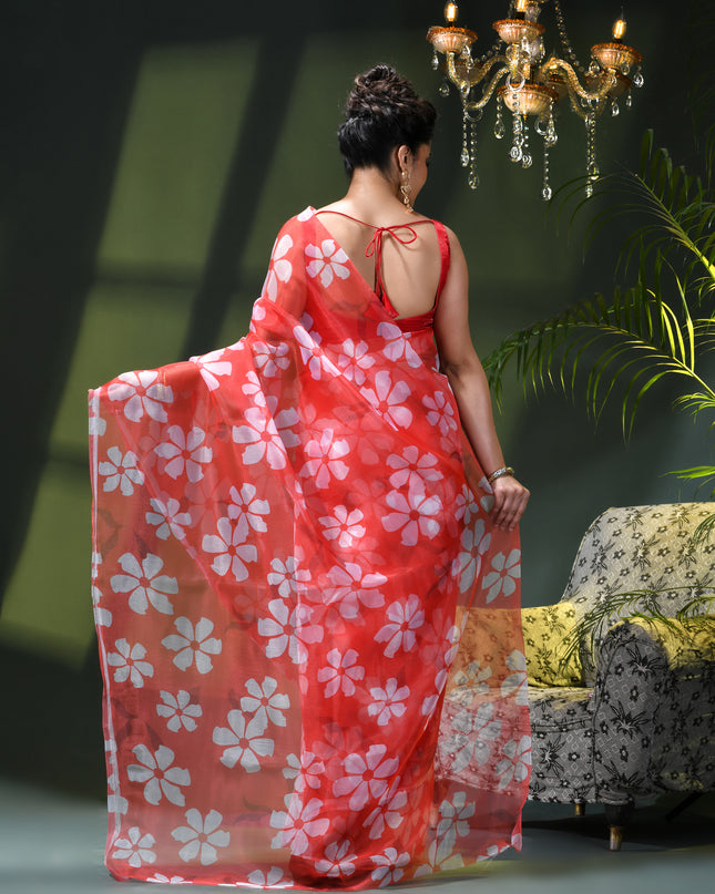 Women`s Printed Organza Saree Semi-Transparent Party, Wear weddings latest, Trending Floral Design sarees Fancy banarasi organza silk saree for Farewell Light Pink Sarees for Women