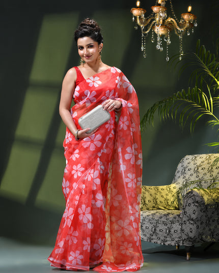Women`s Printed Organza Saree Semi-Transparent Party, Wear weddings latest, Trending Floral Design sarees Fancy banarasi organza silk saree for Farewell Light Pink Sarees for Women