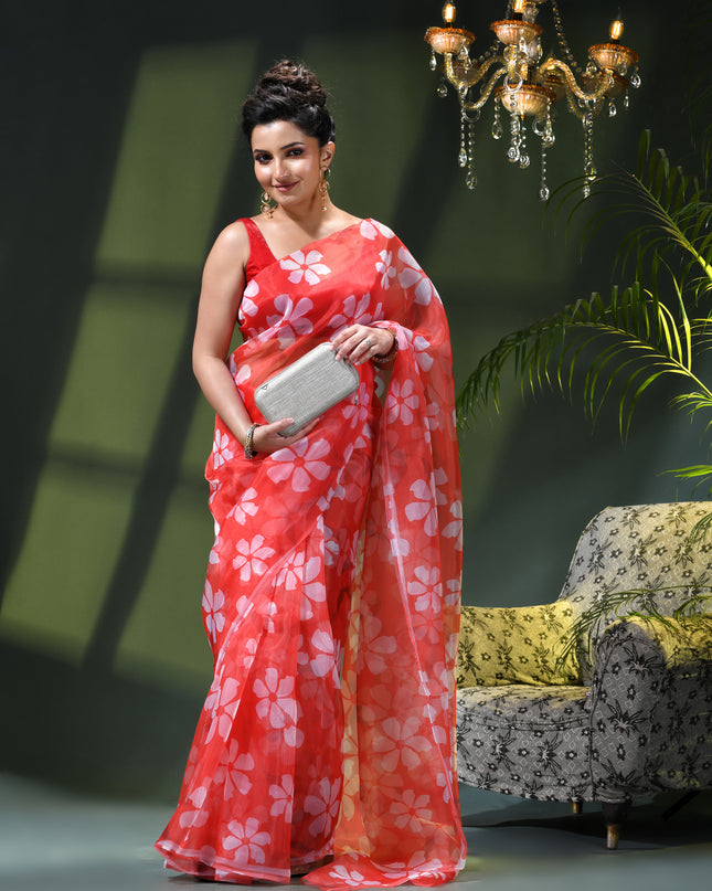 Women`s Printed Organza Saree Semi-Transparent Party, Wear weddings latest, Trending Floral Design sarees Fancy banarasi organza silk saree for Farewell Light Pink Sarees for Women