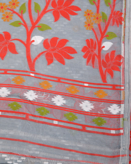 dB DESH BIDESH Women's Jamdani Sarees For Women for Party Festival Wear Kusumlata Design Soft Cotton Linen saree for woman Without Blouse piece (Grey Red)