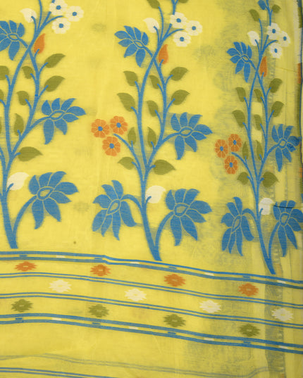 dB DESH BIDESH Women's Jamdani Sarees For Women for Party Festival Wear Kusumlata Design Soft Cotton Linen saree for woman Without Blouse piece (Yellow Blue)