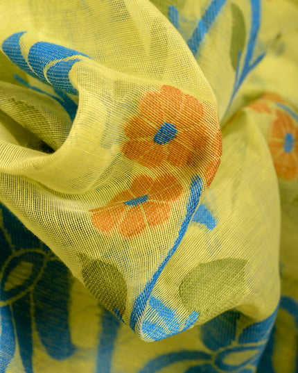 dB DESH BIDESH Women's Jamdani Sarees For Women for Party Festival Wear Kusumlata Design Soft Cotton Linen saree for woman Without Blouse piece (Yellow Blue)