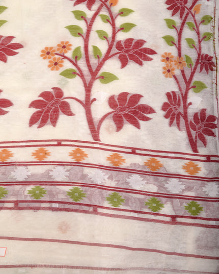 dB DESH BIDESH Women's Jamdani Sarees For Women for Party Festival Wear Kusumlata Design Soft Cotton Linen saree for woman Without Blouse piece (White Maroon)