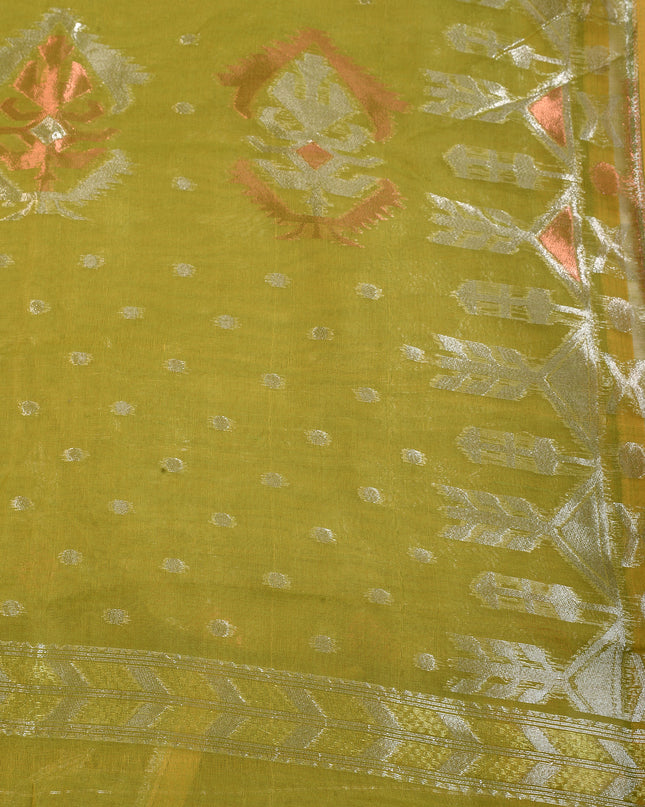 dB DESH BIDESH Women's Soft Cotton Silk Jamdani Sarees For Women for Party Festival Wedding Silk Saree GlamQueen Gold Work Design Without Blouse piece (Olive Green)