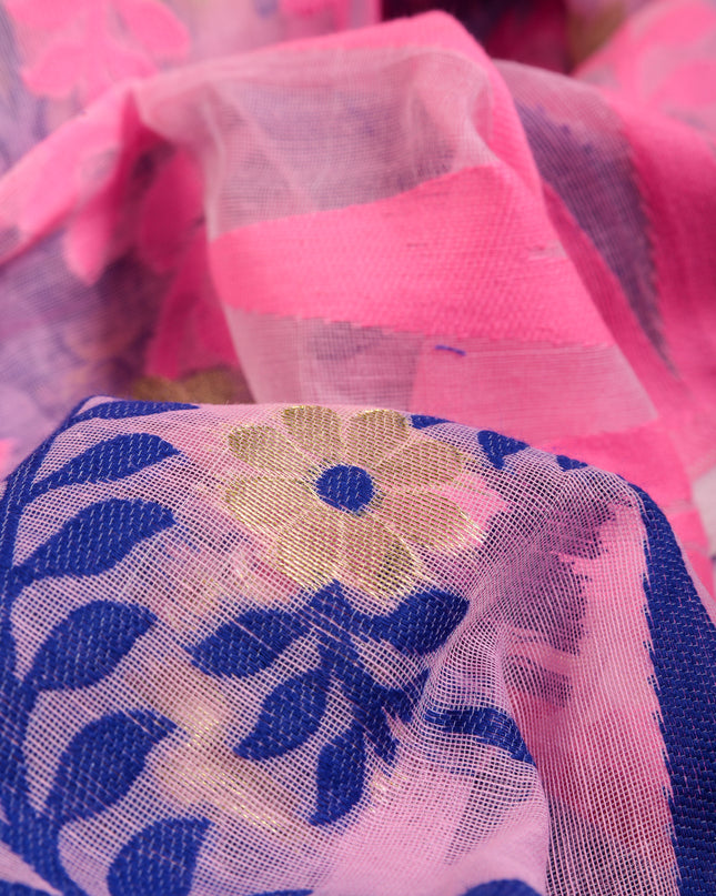 dB DESH BIDESH Women's Traditional Bengal Soft Cotton Silk Jamdani Sarees For Women Tentullata Design Cotton saree for woman Without Blouse piece | Ethnic Wear Sari (Pink Blue)