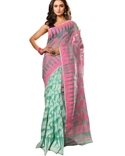 dB DESH BIDESH Women's Traditional Bengal Soft Cotton Silk Jamdani Sarees For Women Tentullata Design Cotton saree for woman Without Blouse piece | Ethnic Wear Sari (Pink Firoza)