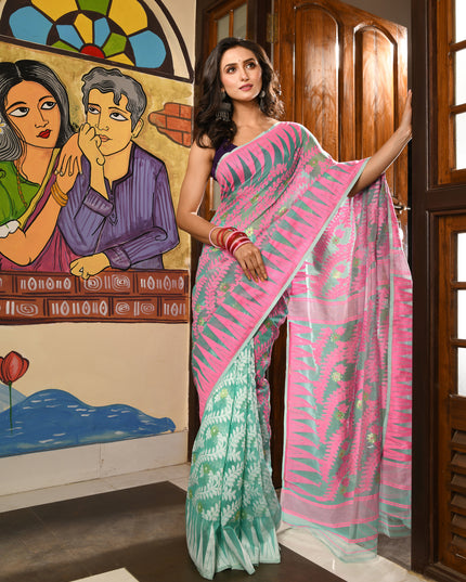 dB DESH BIDESH Women's Traditional Bengal Soft Cotton Silk Jamdani Sarees For Women Tentullata Design Cotton saree for woman Without Blouse piece | Ethnic Wear Sari (Pink Firoza)