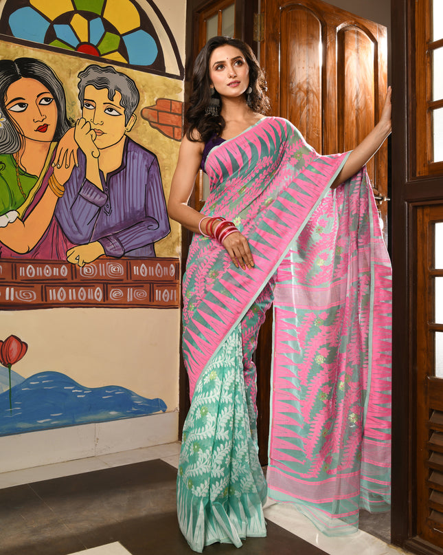 dB DESH BIDESH Women's Traditional Bengal Soft Cotton Silk Jamdani Sarees For Women Tentullata Design Cotton saree for woman Without Blouse piece | Ethnic Wear Sari (Pink Firoza)