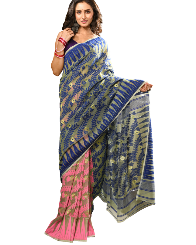dB DESH BIDESH Women's Traditional Bengal Soft Cotton Silk Jamdani Sarees For Women Tentullata Design Cotton saree for woman Without Blouse piece | Ethnic Wear Sari (Deep Blue Pink)