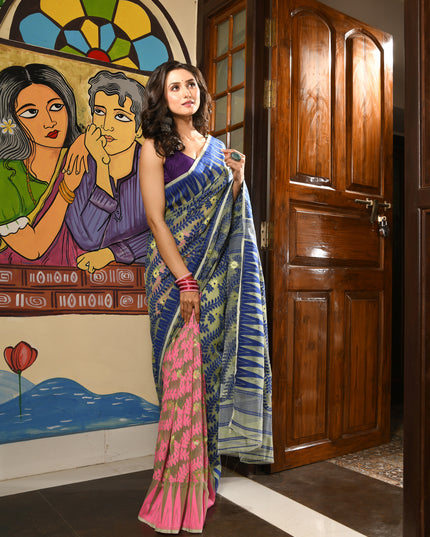 dB DESH BIDESH Women's Traditional Bengal Soft Cotton Silk Jamdani Sarees For Women Tentullata Design Cotton saree for woman Without Blouse piece | Ethnic Wear Sari (Deep Blue Pink)