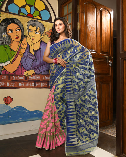 dB DESH BIDESH Women's Traditional Bengal Soft Cotton Silk Jamdani Sarees For Women Tentullata Design Cotton saree for woman Without Blouse piece | Ethnic Wear Sari (Deep Blue Pink)