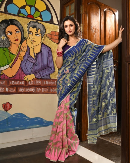 dB DESH BIDESH Women's Traditional Bengal Soft Cotton Silk Jamdani Sarees For Women Tentullata Design Cotton saree for woman Without Blouse piece | Ethnic Wear Sari (Deep Blue Pink)