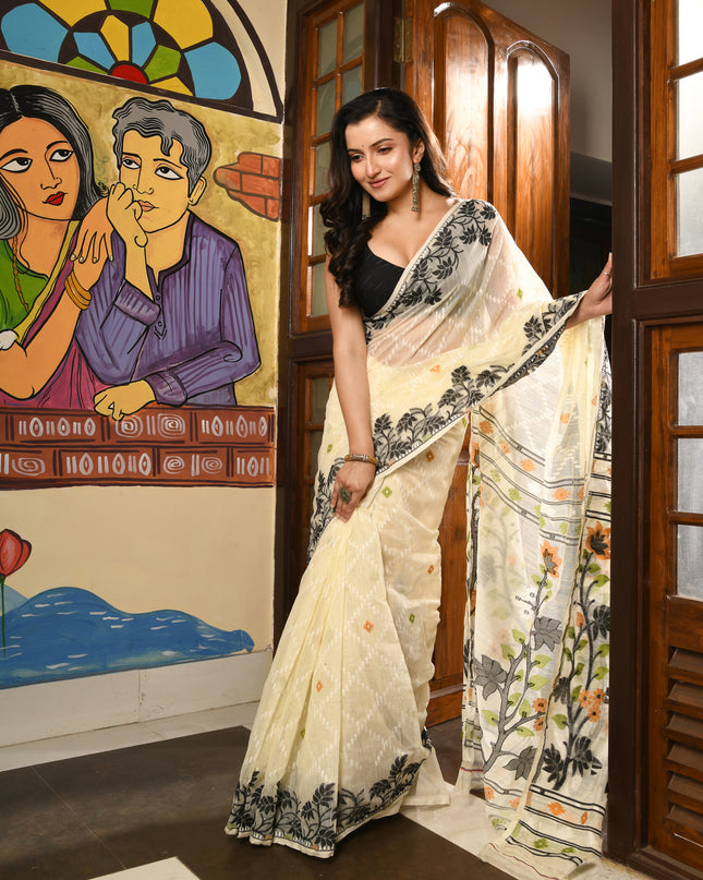 dB DESH BIDESH Women's Jamdani Sarees For Women for Party Festival Wear Kusumlata Design Soft Cotton Linen saree for woman Without Blouse piece (Cream Black)