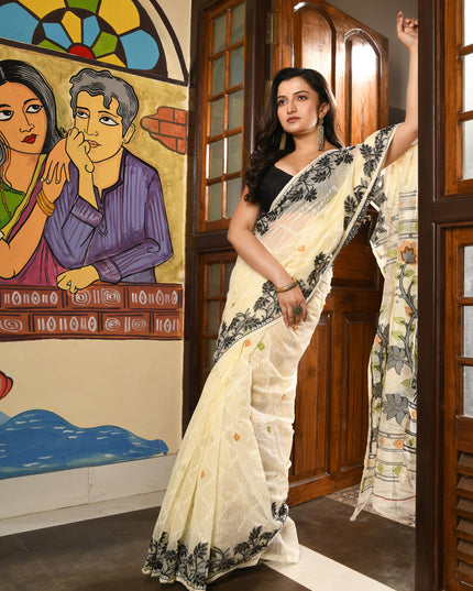 dB DESH BIDESH Women's Jamdani Sarees For Women for Party Festival Wear Kusumlata Design Soft Cotton Linen saree for woman Without Blouse piece (Cream Black)