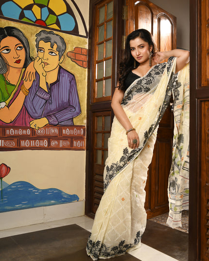 dB DESH BIDESH Women's Jamdani Sarees For Women for Party Festival Wear Kusumlata Design Soft Cotton Linen saree for woman Without Blouse piece (Cream Black)