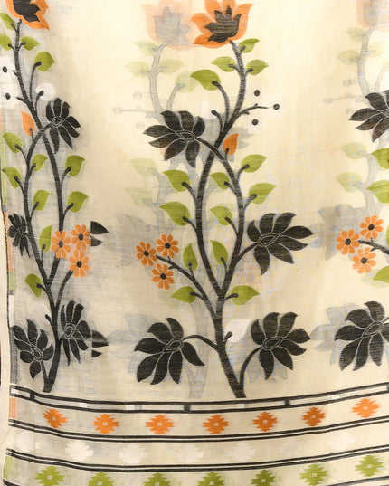 dB DESH BIDESH Women's Jamdani Sarees For Women for Party Festival Wear Kusumlata Design Soft Cotton Linen saree for woman Without Blouse piece (Cream Black)