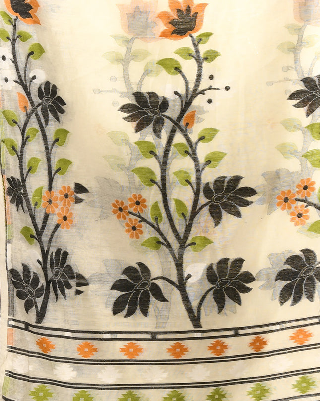 dB DESH BIDESH Women's Jamdani Sarees For Women for Party Festival Wear Kusumlata Design Soft Cotton Linen saree for woman Without Blouse piece (Cream Black)
