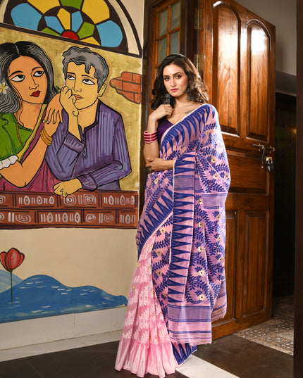 dB DESH BIDESH Women's Traditional Bengal Soft Cotton Silk Jamdani Sarees For Women Tentullata Design Cotton saree for woman Without Blouse piece | Ethnic Wear Sari (Blue Pink)