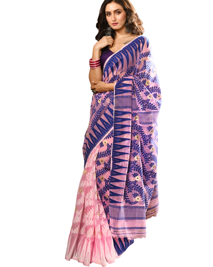 dB DESH BIDESH Women's Traditional Bengal Soft Cotton Silk Jamdani Sarees For Women Tentullata Design Cotton saree for woman Without Blouse piece | Ethnic Wear Sari (Blue Pink)