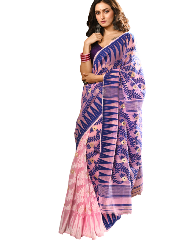 dB DESH BIDESH Women's Traditional Bengal Soft Cotton Silk Jamdani Sarees For Women Tentullata Design Cotton saree for woman Without Blouse piece | Ethnic Wear Sari (Blue Pink)