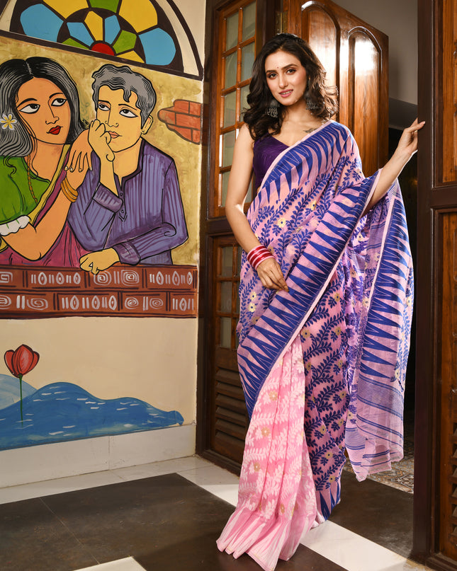 dB DESH BIDESH Women's Traditional Bengal Soft Cotton Silk Jamdani Sarees For Women Tentullata Design Cotton saree for woman Without Blouse piece | Ethnic Wear Sari (Blue Pink)