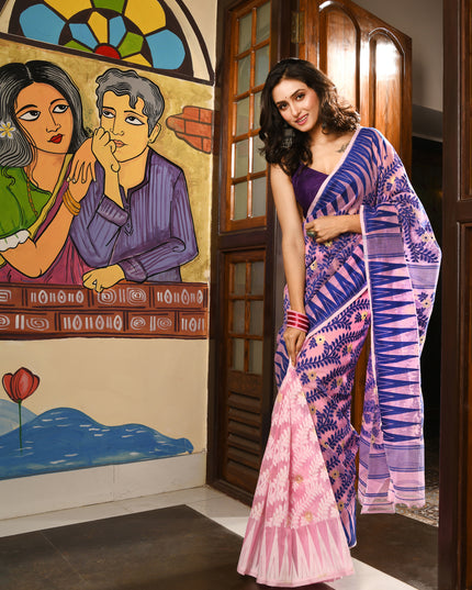 dB DESH BIDESH Women's Traditional Bengal Soft Cotton Silk Jamdani Sarees For Women Tentullata Design Cotton saree for woman Without Blouse piece | Ethnic Wear Sari (Blue Pink)