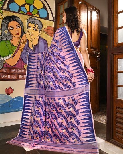 dB DESH BIDESH Women's Traditional Bengal Soft Cotton Silk Jamdani Sarees For Women Tentullata Design Cotton saree for woman Without Blouse piece | Ethnic Wear Sari (Blue Pink)