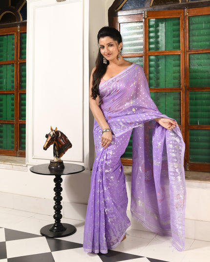 dB DESH BIDESH Women's Soft Cotton Silk Jamdani Sarees For Women for Party Festival Wedding Silk Saree GlamQueen Gold Work Design Without Blouse piece (Purple)