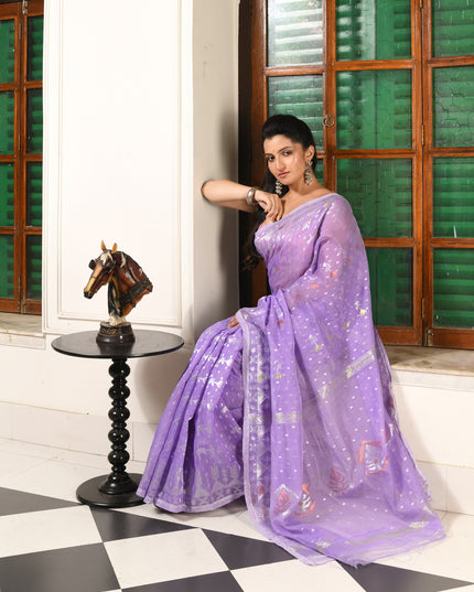 dB DESH BIDESH Women's Soft Cotton Silk Jamdani Sarees For Women for Party Festival Wedding Silk Saree GlamQueen Gold Work Design Without Blouse piece (Purple)