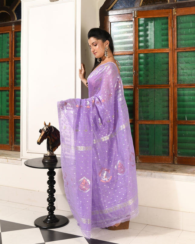 dB DESH BIDESH Women's Soft Cotton Silk Jamdani Sarees For Women for Party Festival Wedding Silk Saree GlamQueen Gold Work Design Without Blouse piece (Purple)