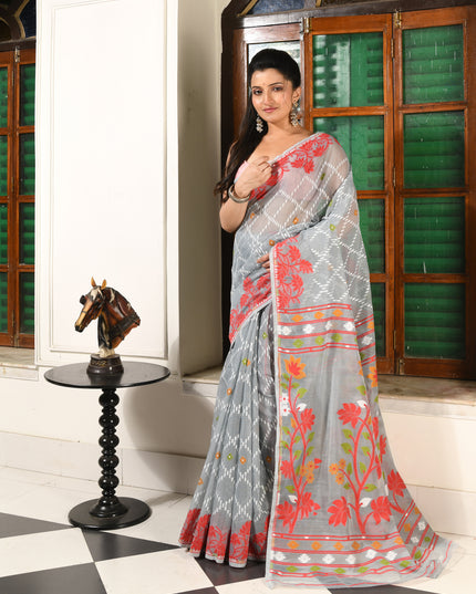 dB DESH BIDESH Women's Jamdani Sarees For Women for Party Festival Wear Kusumlata Design Soft Cotton Linen saree for woman Without Blouse piece (Grey Red)